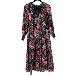 HOUSE OF HARLOW 1960 Pink Black Floral Tiered Boho Cottagecore Maxi Dress XS